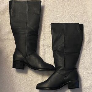 Navy Blue Leather Heeled Boots for Women